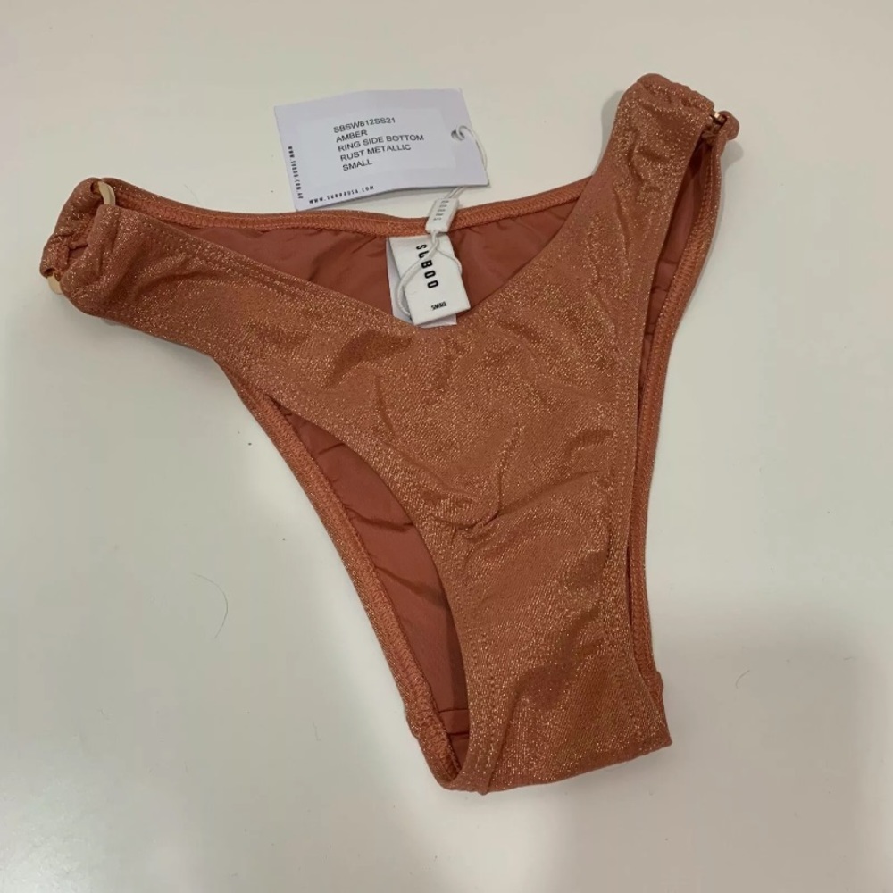SUBOO Women NWT Amber Ring Glitter Bikini Bottom in Rust Gold Metallic Sze Small